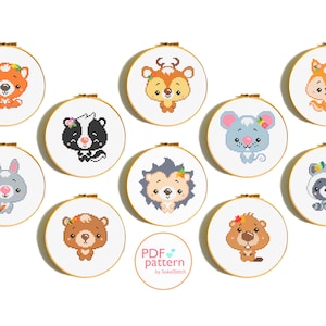 Woodland baby animals cross stitch PDF Patterns, Set of 10, Bear, Bunny, Fox, Deer, Mouse, Hedgehog, Beaver, Squirrel, Skunk and Raccoon