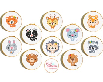 Woodland baby animals cross stitch PDF Patterns, Set of 10, Bear, Bunny, Fox, Deer, Mouse, Hedgehog, Beaver, Squirrel, Skunk and Raccoon