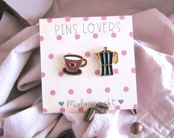 Enameled brooch set, brooch pot cup, pins set coffee, enamel brooch, brooches small, gift for best friend, pins, coffee