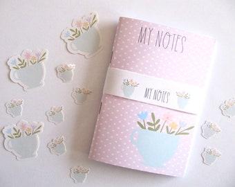 Notebook pink flowers cup/ My notes/ Journal/ A6 notebook/ Cute little notebook/ Notebooks/ Notebook/ Sketch book/ My notes