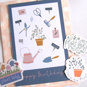 Carte anniversaire plants Lady, carte vinyle , carte voeux avec autocollant, carte Coffee Lady, belle carte d'anniversaire, autocollant