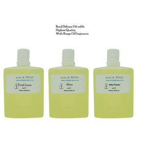 May include: Three clear glass bottles containing yellow liquid. Each bottle has a white label with the text "Wax & Relax" and a different scent: "Fresh Linen", "Alion", and "Baby Powder".