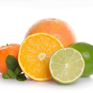 May include: A group of citrus fruits, including a whole grapefruit, a halved orange, a halved lime, and a whole mandarin orange. The fruits are arranged on a white surface with a sprig of green mint leaves.