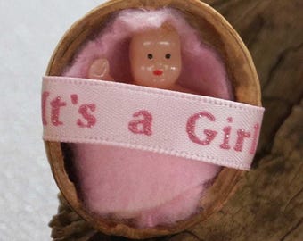 Baby Girl in Natural Walnut Shell with Pink Blanket, "It's a Girl Print" Unique One of a Kind Baby Reveal, Miniature Baby Girl Souvenir Gift