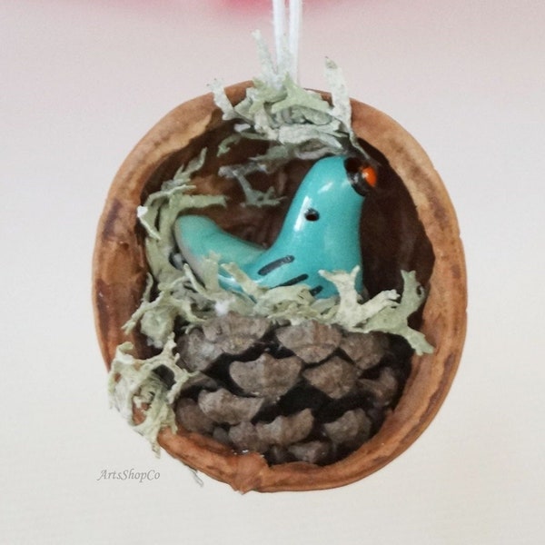 Bird in Natural Walnut Shell Unique "Beauty of Nature" Inspired Miniature 1.5" inch Holiday Gift, Home Accent, Small Spring, Summer Ornament