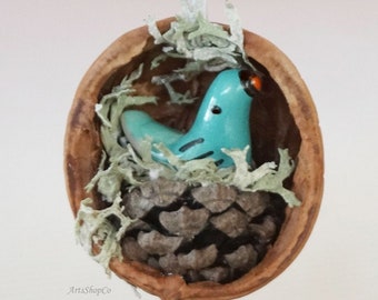 Bird in Natural Walnut Shell Unique "Beauty of Nature" Inspired Miniature 1.5" inch Holiday Gift, Home Accent, Small Spring, Summer Ornament