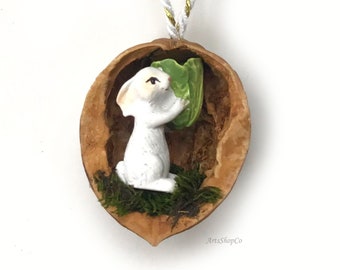 Bunny in Natural Walnut Shell, Unique Miniature Easter Bunny Ornament, 1.6" inch One of a Kind Cabin Decor & Home Accent, Easter Gifts