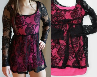 Black Sheer Lace Babydoll Tunic Long Sleeve Stretching Top and Removable Pink, Form Fitting Tank Top, 2 Piece Casual Tops S M L