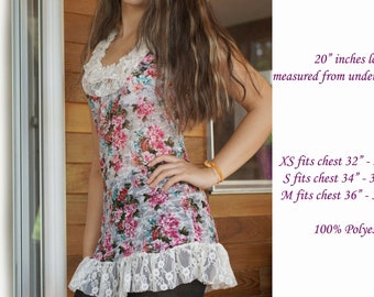 Floral Lace Stretching Racerback Casual Tunic Top, Women and Girls Summer Loungewear Beachwear Fitting Sheer Lace Cover Up, Micro Mini Dress