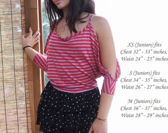 Cold Shoulder Red & Gray Stripe Tunic Top with Black and White Polka Dot Skirt Part, Stretching Micro Mini Dress, Casual Tunic Top XS, S, M