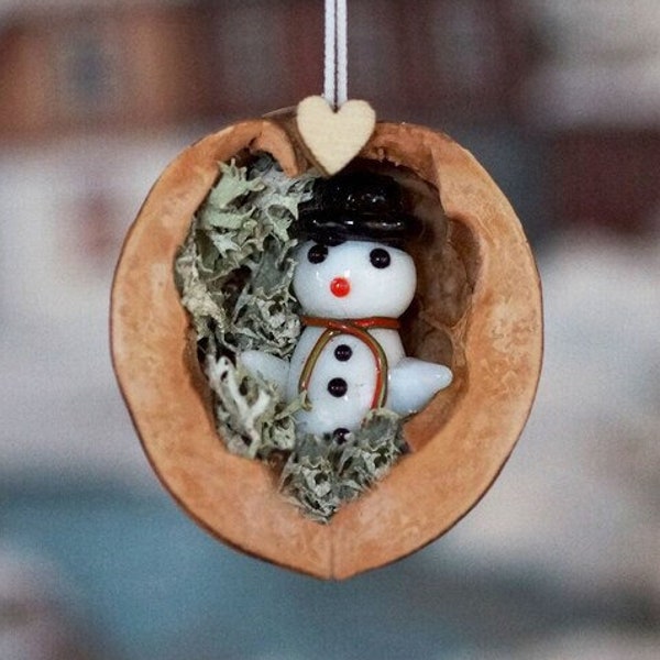 Glass Snowman in Natural Walnut Shell, Unique Friendship, Birthday, Holiday Gift, Winter Home Accent One of a Kind Christmas Tree Ornament