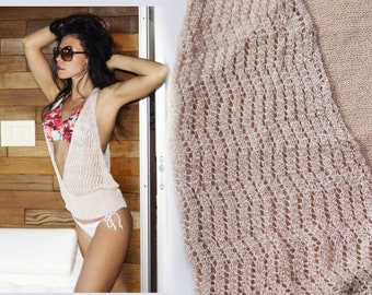 Beige Low Open Cover Up Top, Beach, Pool, Summer, Casual Racerback Knit Top, Stretching Sexy Lightweight Loungewear, Women Sizes S/M, M/L