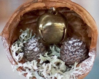 Jingle Bell Walnut Shell, Unique Natural Walnut Shell Ornament, Miniature 1.5" inch Holiday Gift, Home Accent, Small Christmas Tree Ornament