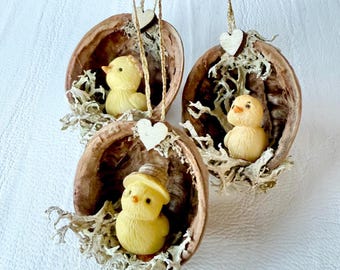 Chick’s Family 3 Organic Walnut Shell Ornaments, One of a Kind, Handmade, Unique Souvenirs, Friendship, Thanksgiving & Christmas Tree Gifts
