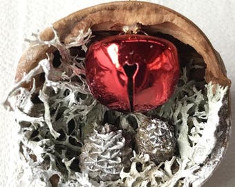 Jingle Bell Walnut Shell, Unique Natural Walnut Shell Ornament, Miniature 1.5" inch Holiday Gift, Home Accent, Small Christmas Tree Ornament