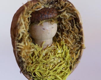 Baby in Natural Walnut Shell, Moss Trim, Unique All Natural Home Décor Accent, Small Souvenir, Newborn Baby Ornament, Unique Birthday Gift