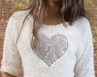 Cropped Stretching Short Sleeve Casual Loungewear, Heart Sequin Detail or Star Sequin Detail Pullover Soft Stretching Spring Tops, XS S M L