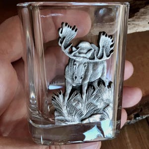 May include: A clear glass shot glass with a detailed silver-colored moose design. The moose is standing in tall grass. The shot glass is held in a hand.