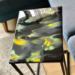 Side table, Hand coloured with resin, Metal leg, Wood base