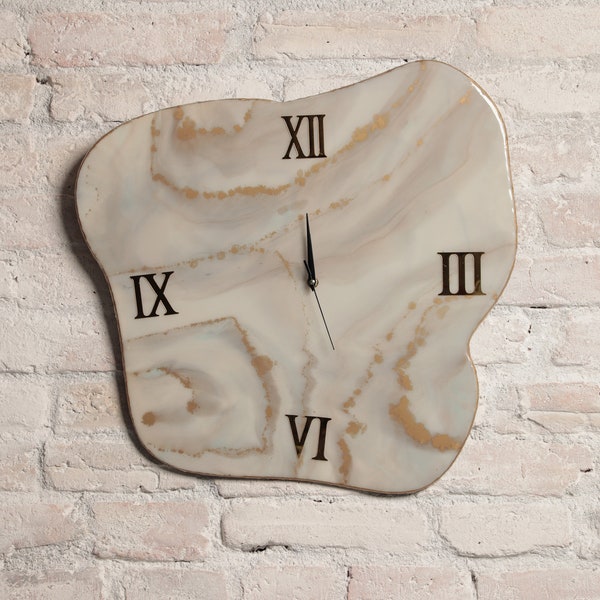 Unregular form Resin wall clock, marble like clock, beige and brown color with gold details