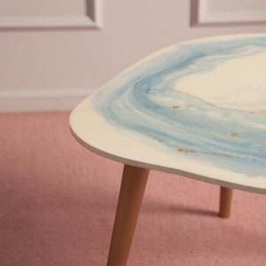 Resin colored coffee table in blue and white, marble like table, wooden legs image 4