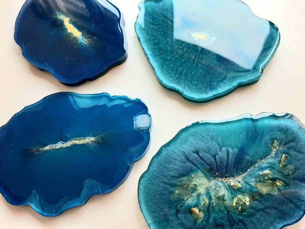 Deep Blue and Gold Coaster Set of 4 - Resin and Gold Leaf