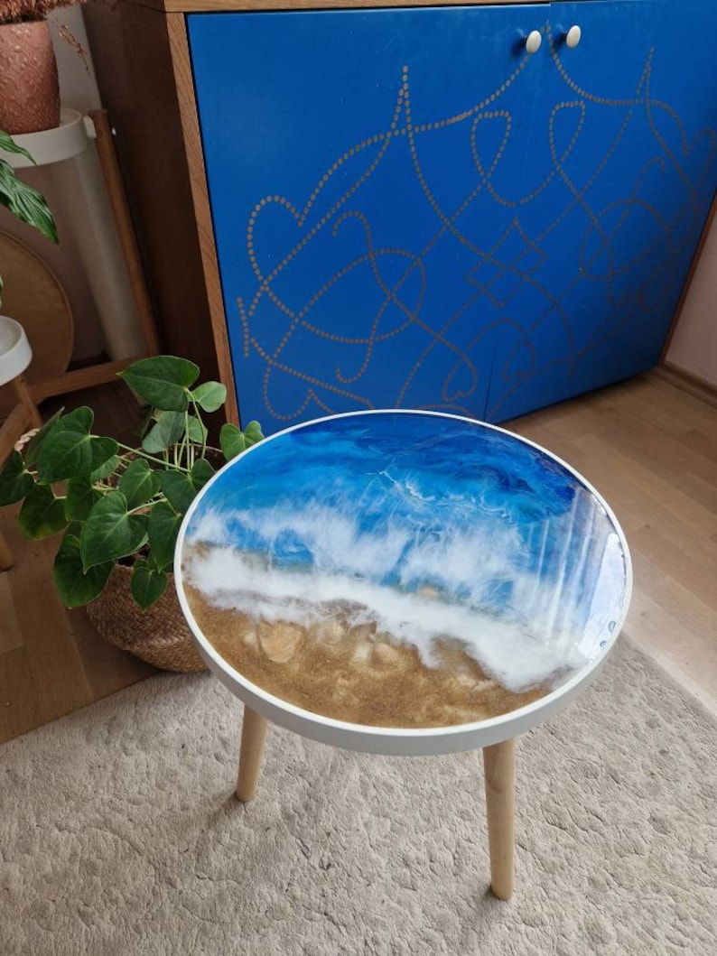 Resin Sea Table, Epoxy Ocean Table Decorated With Natural Sand and Shells, Wood Base Etsy