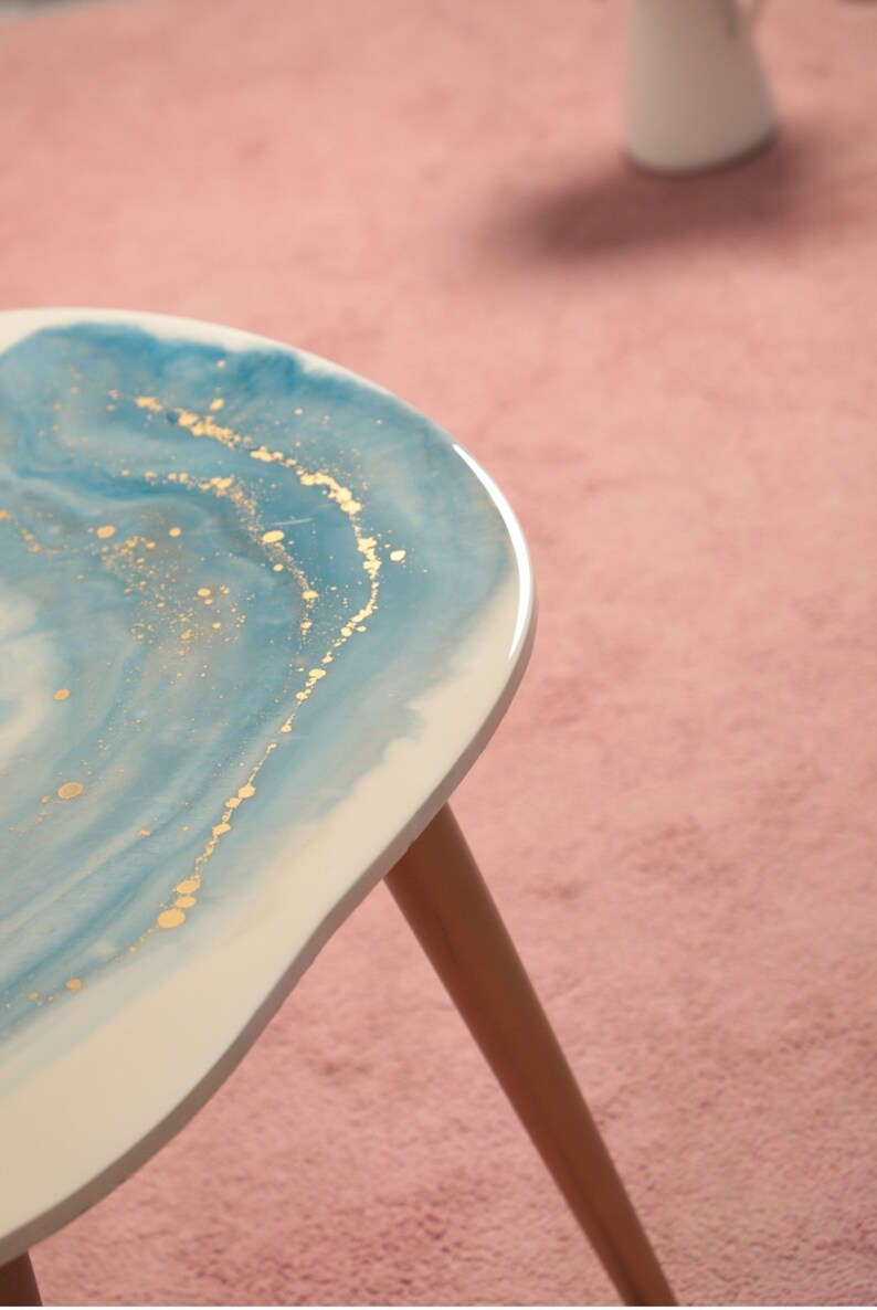 Resin colored coffee table in blue and white, marble like table, wooden legs image 7