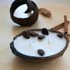 May include: A white candle with cocoa nibs embedded in the surface, set in a natural coconut shell. The candle is on a light wood surface with cinnamon sticks and dried flower buds.