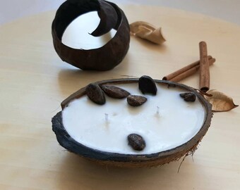 Coconut scented candle decorated  with cocoa beans Coconut shell