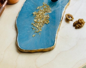 Elegant resin  blue tray decorated with gold leaves