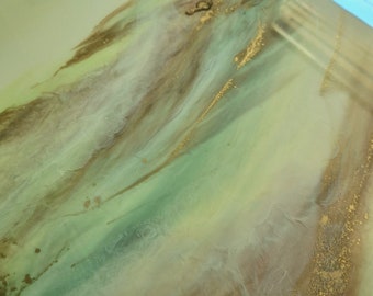 Resin colored coffee table in brown, green, art table with wooden legs