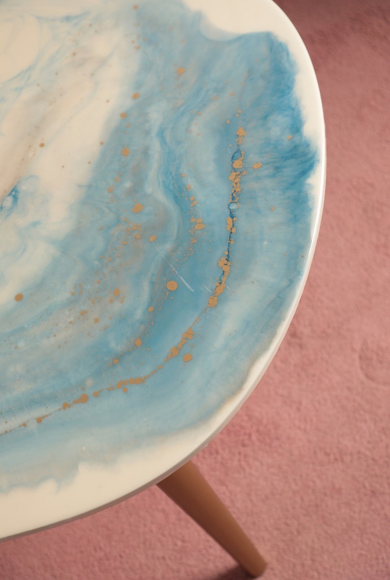 Resin colored coffee table in blue and white, marble like table, wooden legs image 6