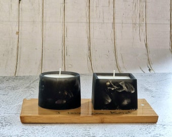 Custom-made Set of 2 scented candles in handmade resin pots embedded with natural orchids