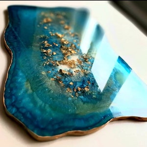 Resin serving tray, Turquoise, Gold leaves, Housewarming, Great gift