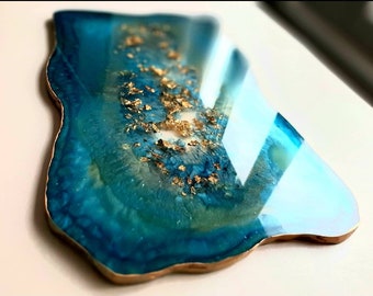 Resin serving tray, Turquoise, Gold leaves, Housewarming, Great gift