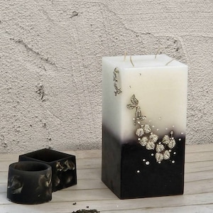 Big black and white scented candle decorated with crystal stones 4 wicks