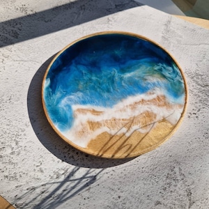 Epoxy resin ocean wave tray on wood base