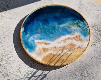 Epoxy resin ocean wave tray on wood base