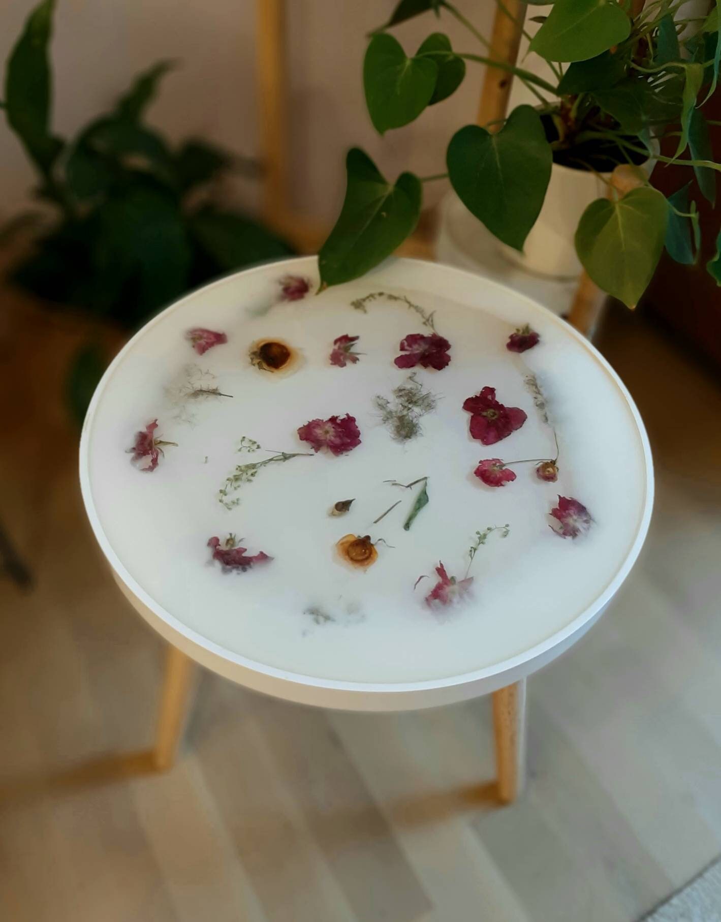 Resin Coffee Table With Natural Flowers Round Wood Side Table Etsy