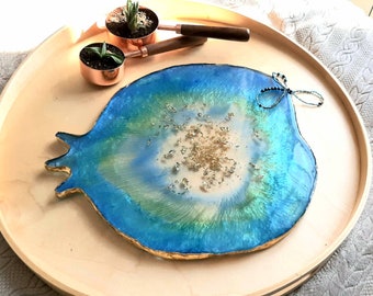 Resin tray Turquoise Pomegranate decorated with gold leaves
