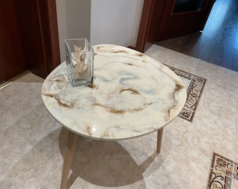 Marble resin table White Light Blue and gold Coffee table Wooden table