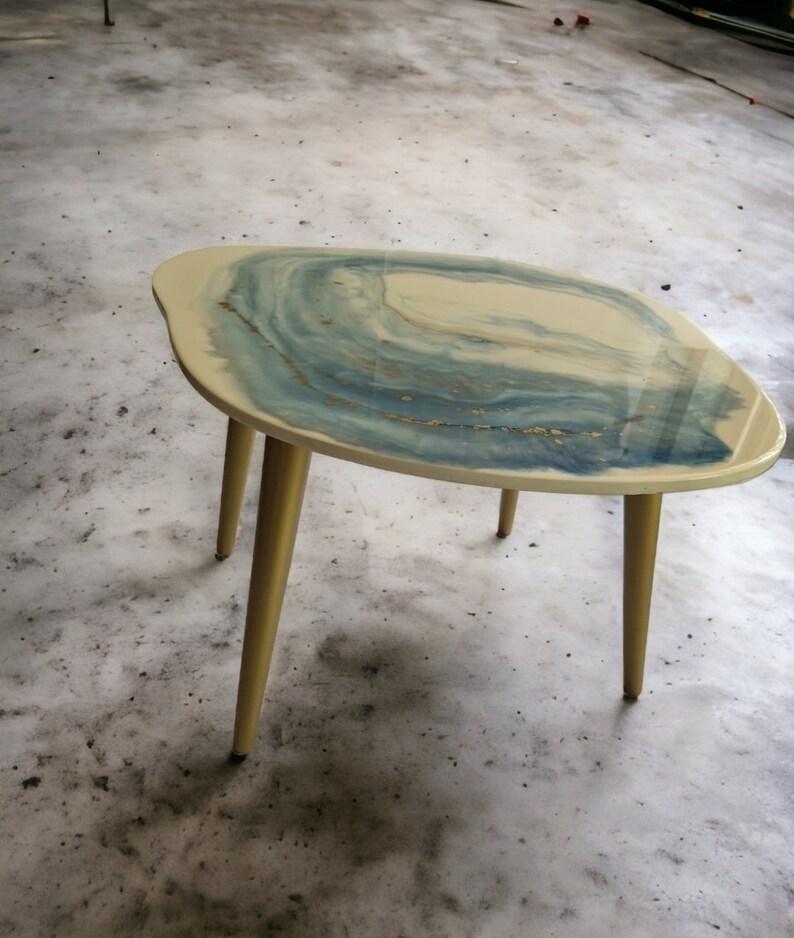 Resin colored coffee table in blue and white, marble like table, wooden legs image 5
