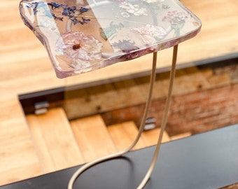Resin coffee table, Irregular form table with natural flowers and Handmade metal leg