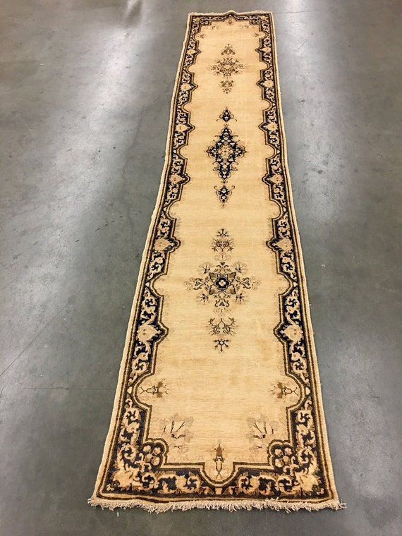 Vintage 2x12 Kerman Runner Cream Hand Knotted Wool Rug