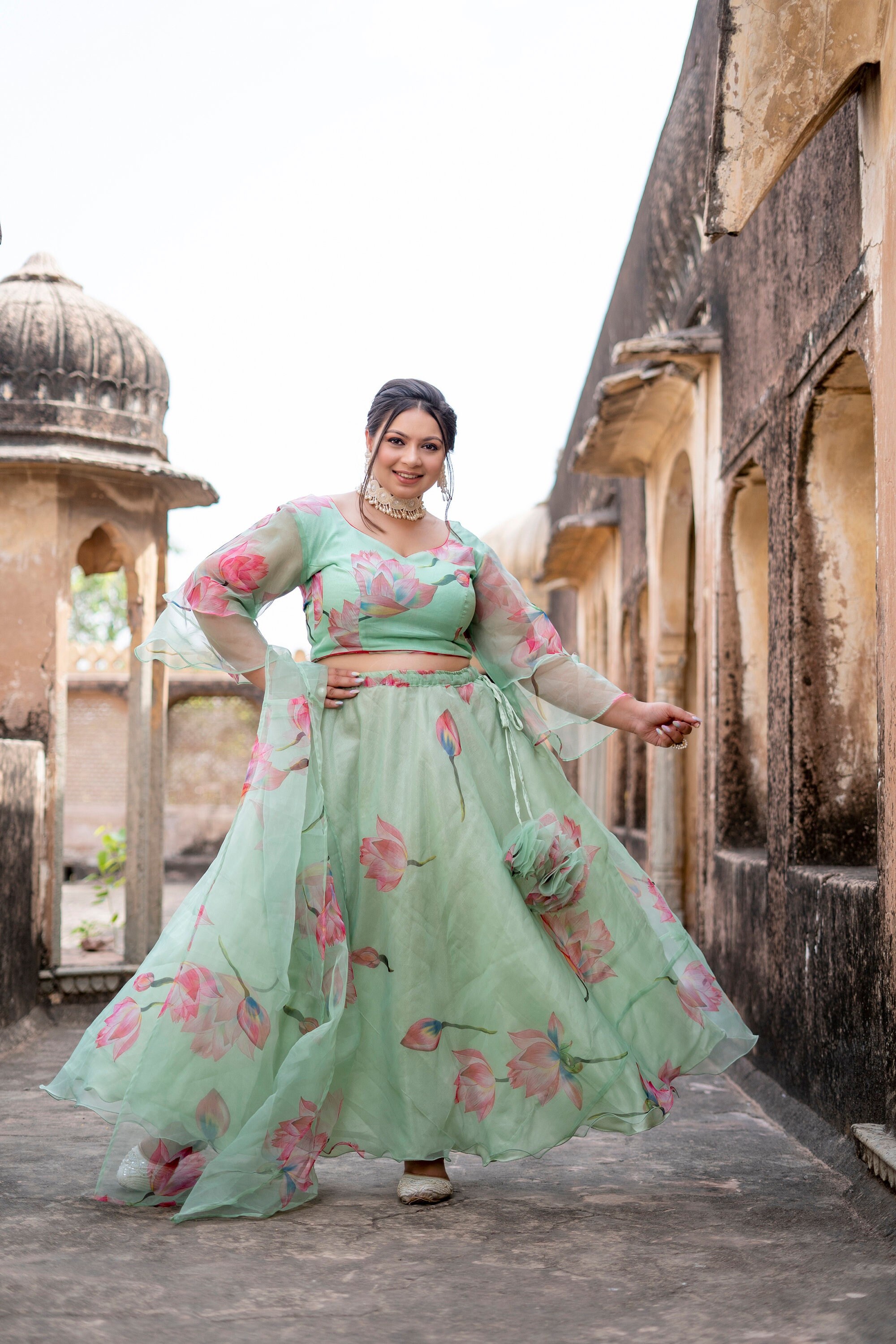 Cyan Plus Size Lehenga Choli for Women Ready to Wear Custom Size Floral Printed Designer