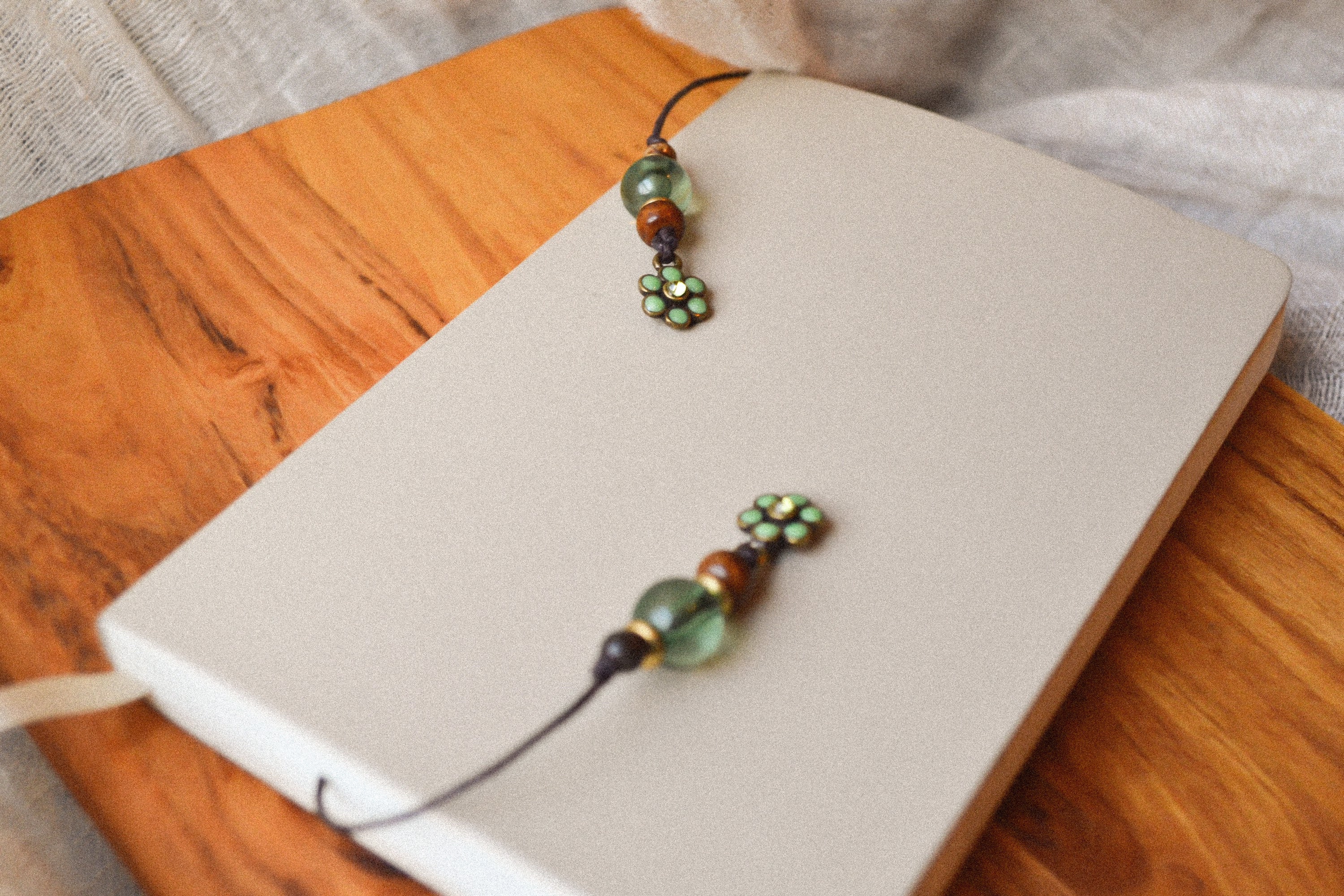 String bookmark with green flower charm and wooden beads Etsy