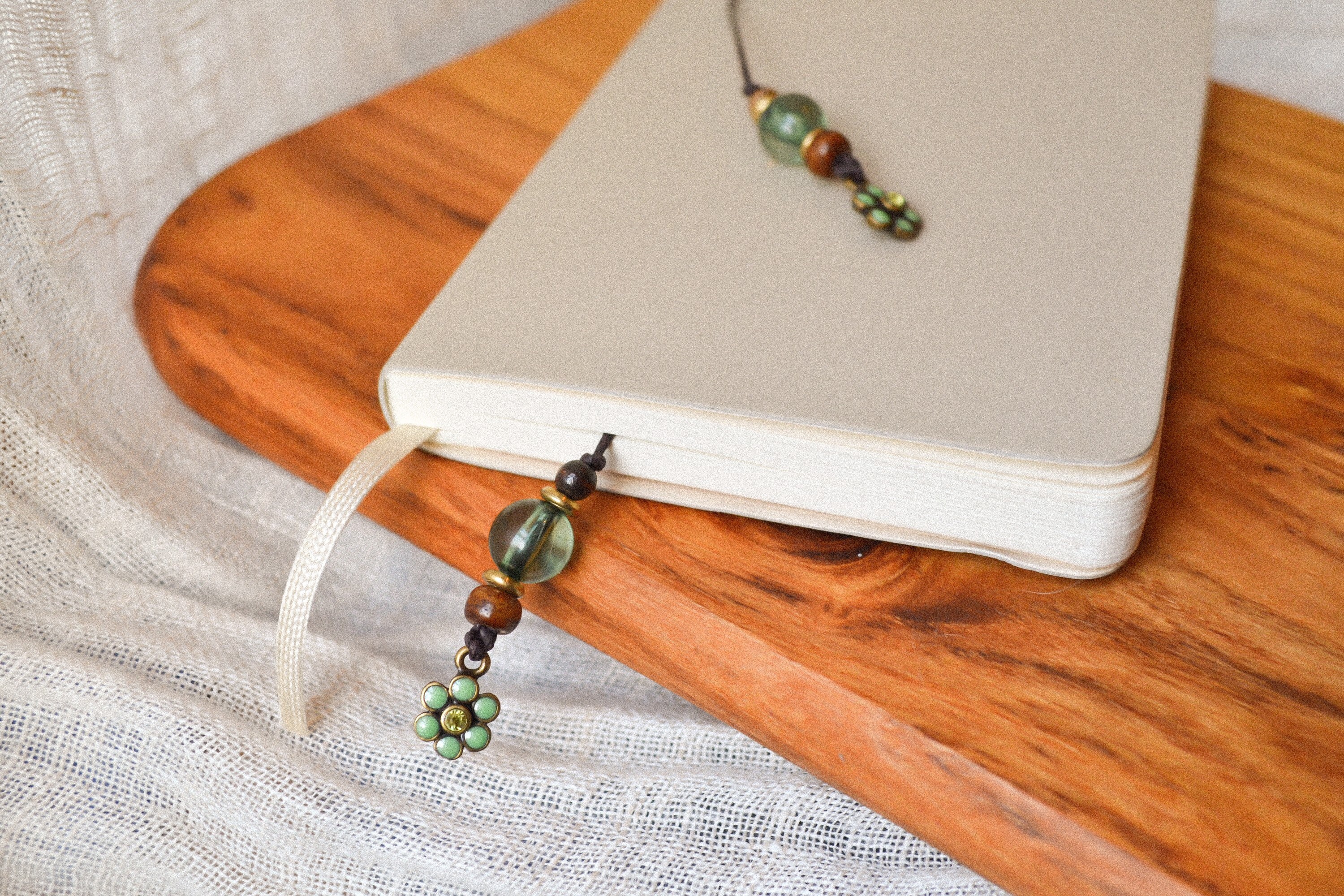 String bookmark with green flower charm and wooden beads Etsy