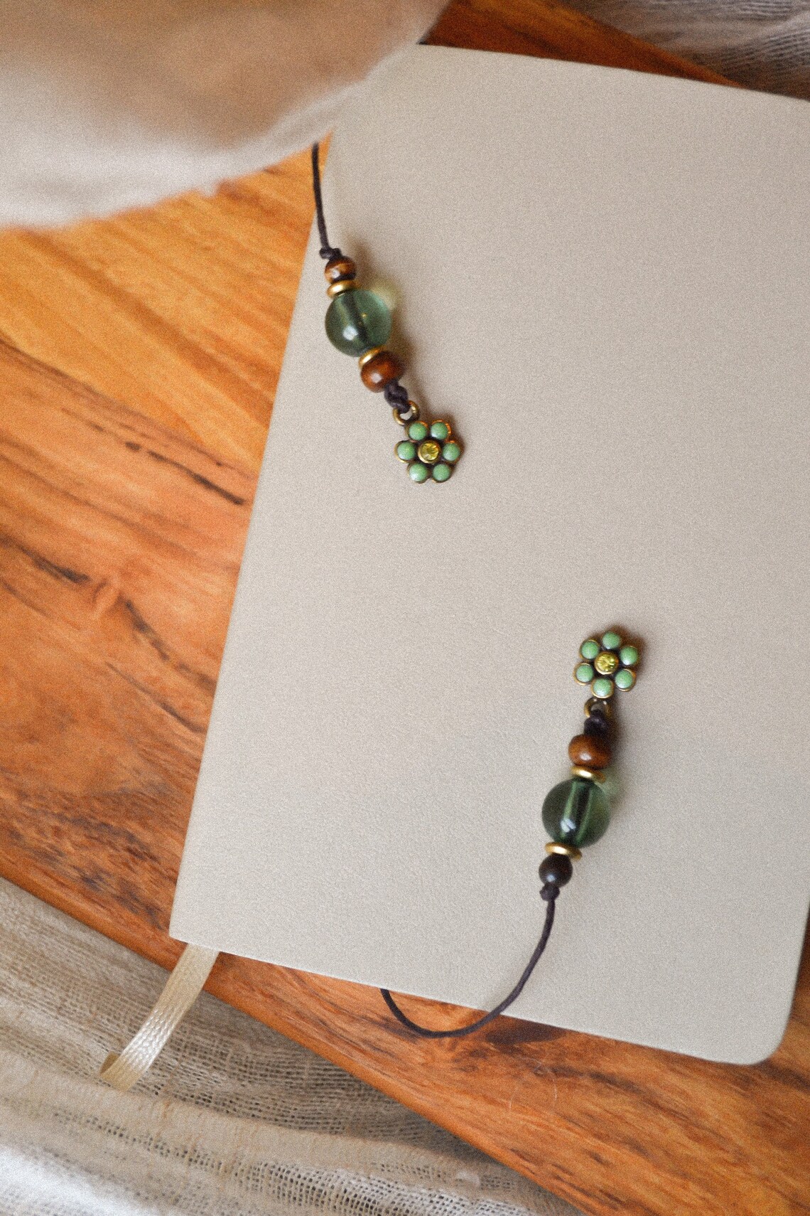 String bookmark with green flower charm and wooden beads Etsy