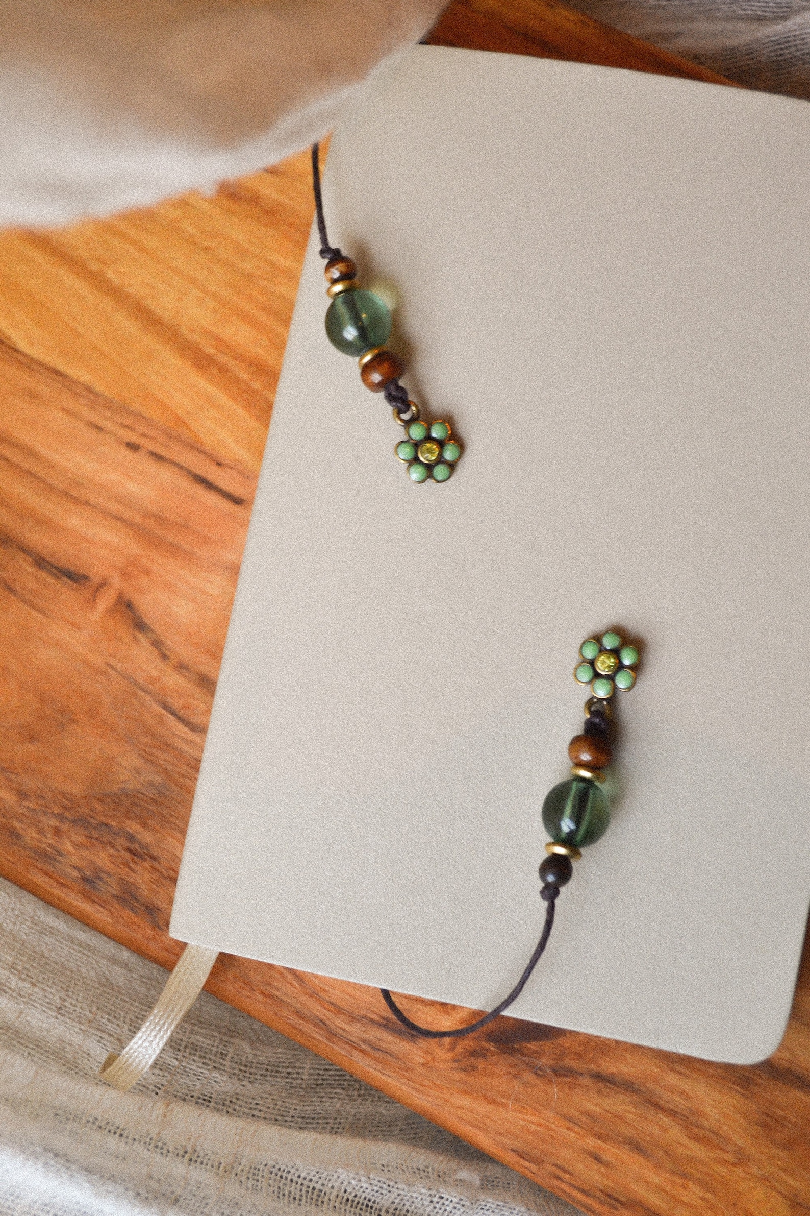 String bookmark with green flower charm and wooden beads Etsy